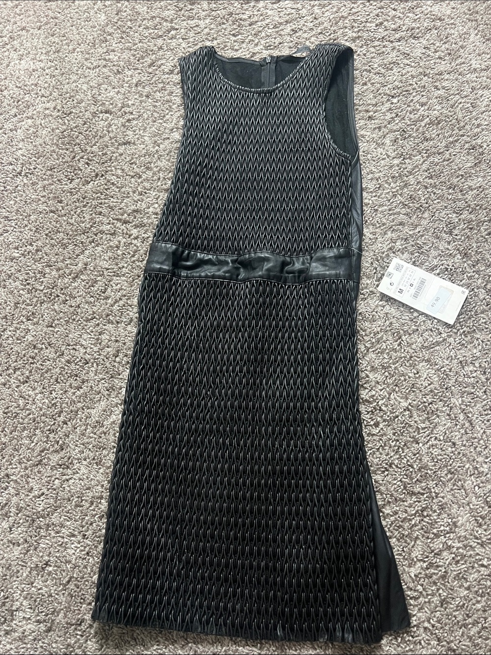 Zara Black Textured Knit Midi Dress with Faux-Leather Waist